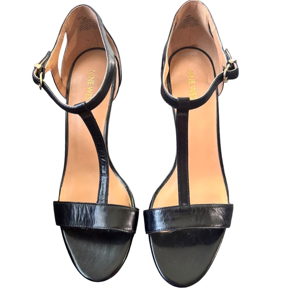 Nine West NWGrand Black Leather T-Strap Kitten Heels Sandals Womens 9M Elegant